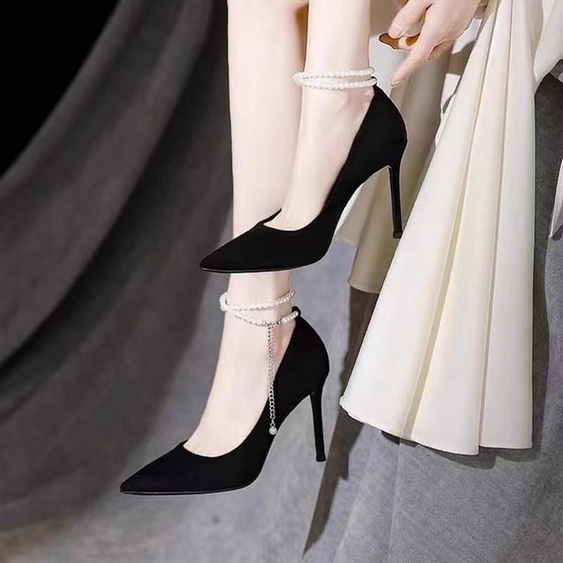 Faux Pointy Pumps Stiletto Strap Heel Pearl 7cm Heel - Black 38