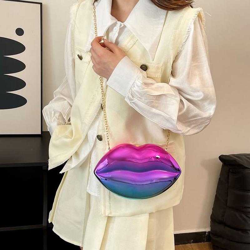 Crossbody Chain Bag Strap Lips Gradient - Pink & Blue One Size