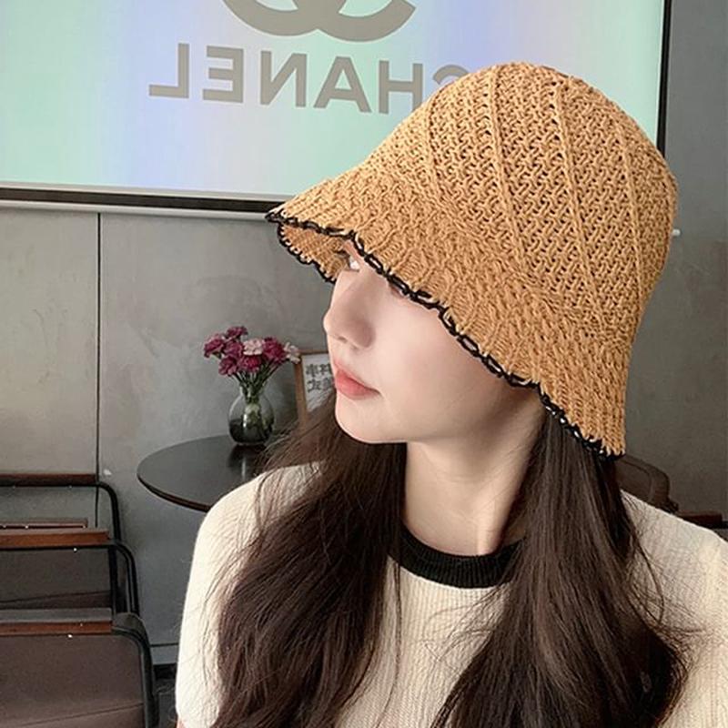 Hat Bucket Contrast Trim Woven C3722 - Milky White One Size