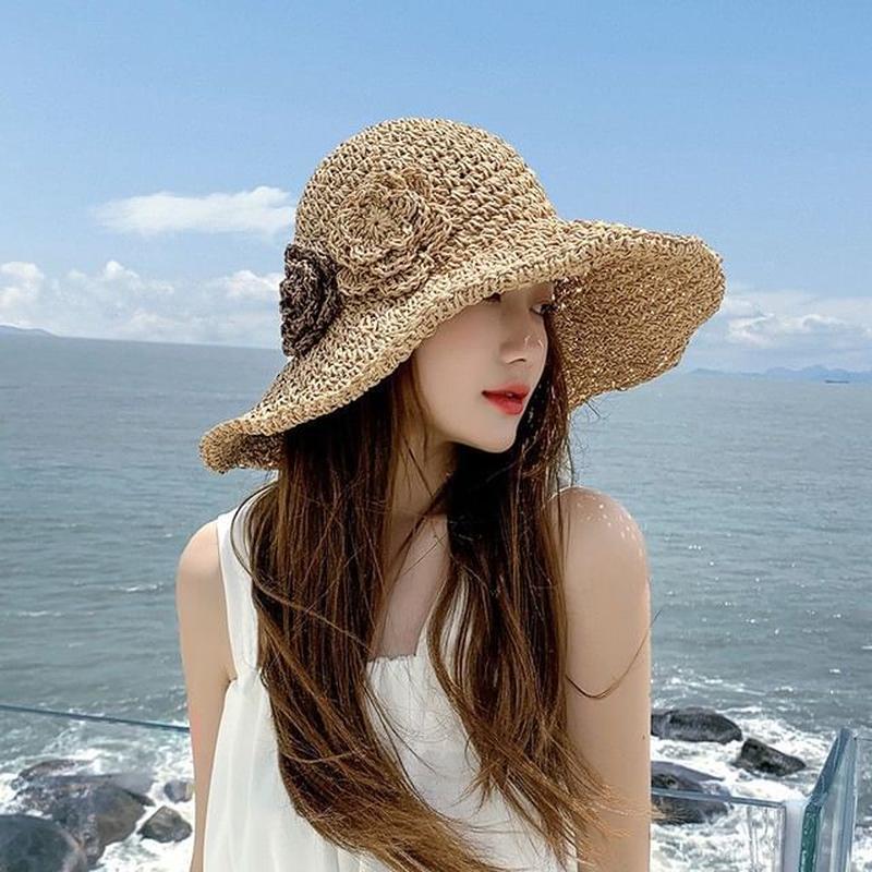 Straw Flower Sun Hat Khaki One Size