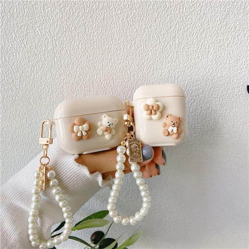 Case Skin Faux Floral Chain Earphone Pro Pearl / AirPods Bear Horizontal Edition - Light Brown & Almond AirPods 3