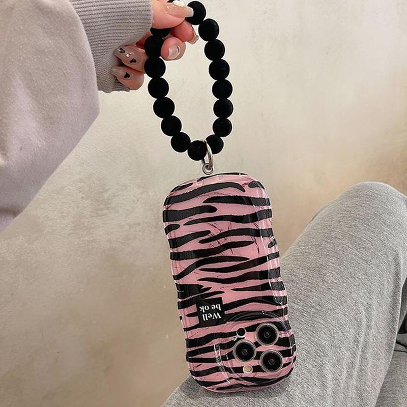 Phone Zebra Print Hand Chain Case With Strap - Pink & Black iPhone 11 Pro Max