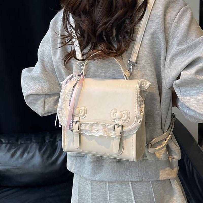Flap Backpack Lace Trim Bow Off-White One Size