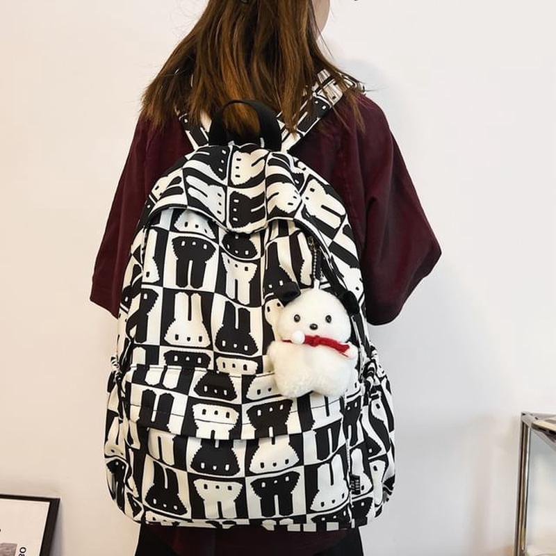 Multi-Pocket Print Rabbit Backpack Without Charm - Red One Size