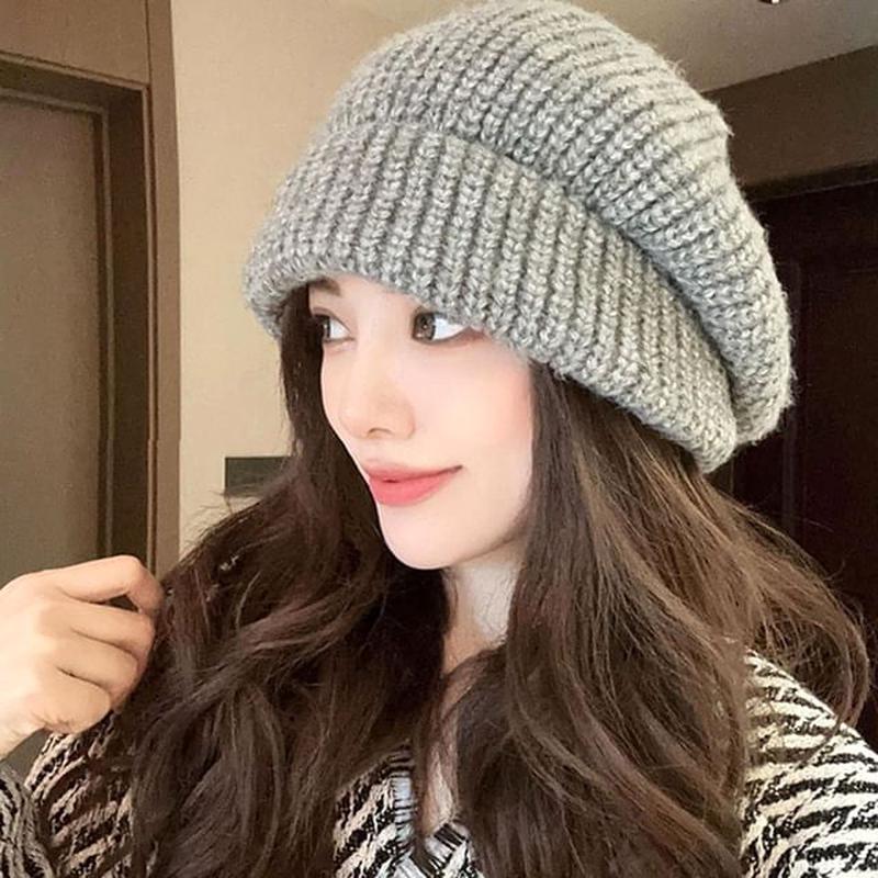 Knit Beanie Slouchy Plain 916 - Gray One Size