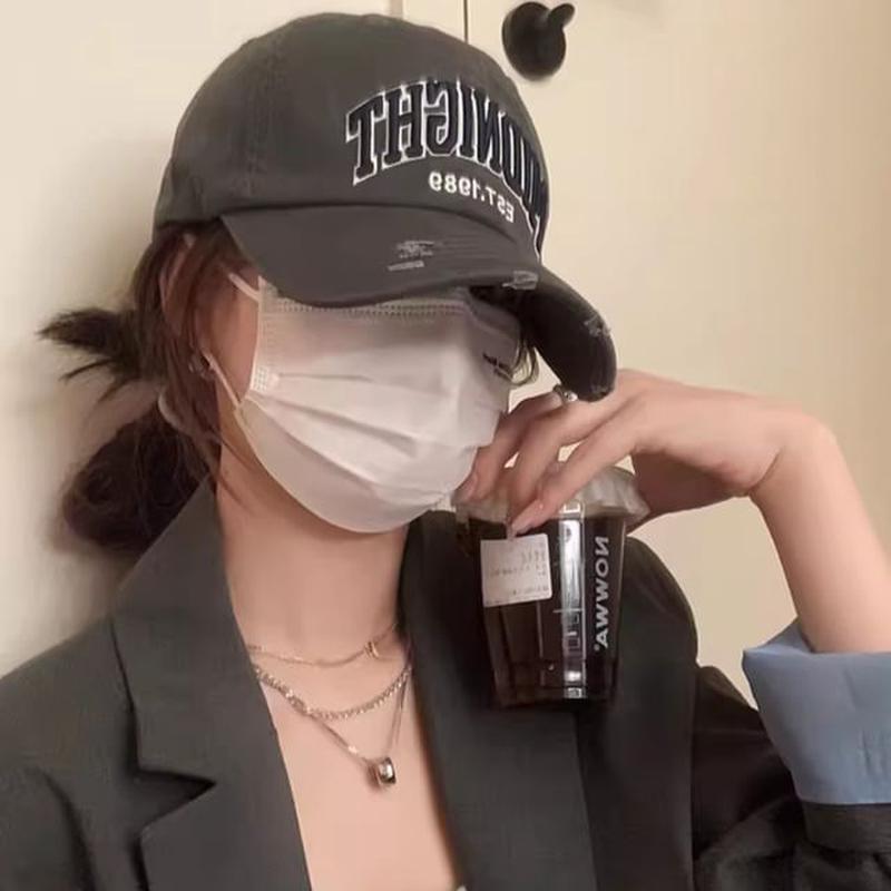 Lettering Baseball Cap Distressed Embroidered Khaki One Size