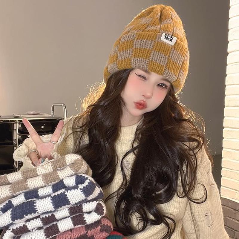 Lettering Knit Beanie Applique Checker C2792 - Beige & Coffee One Size