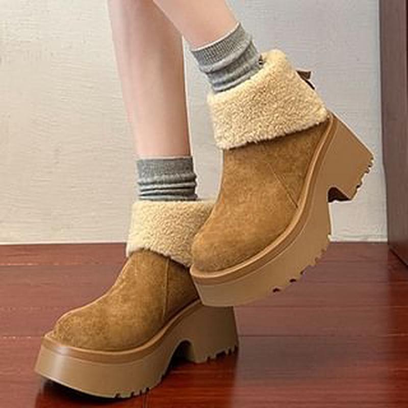 Platform Plain Boots Ankle Fleece Lined Camel 38