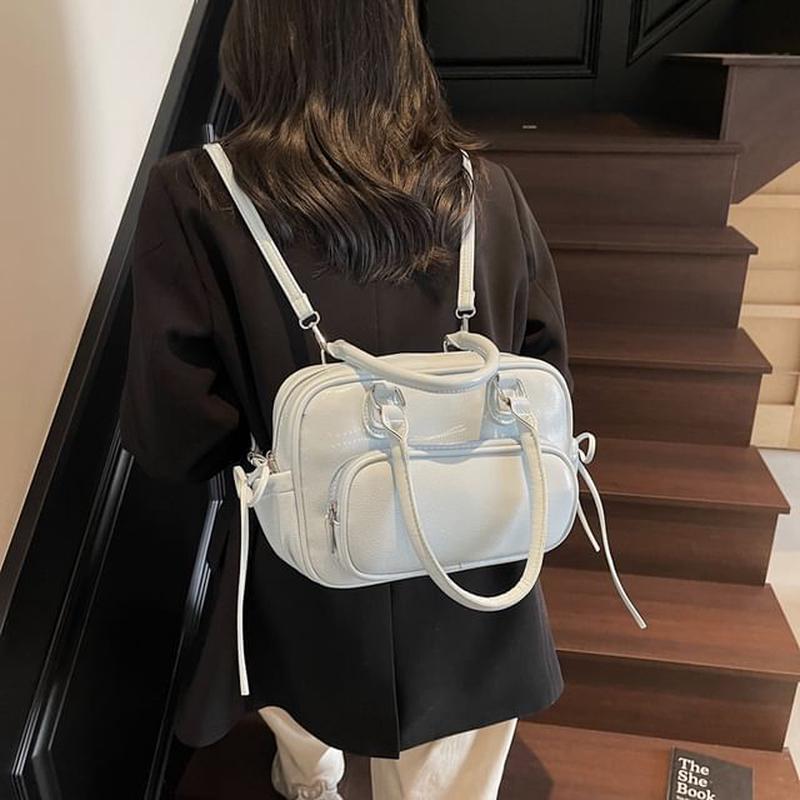 Faux Backpack Multi-Pocket Leather Multi-Way Silver One Size