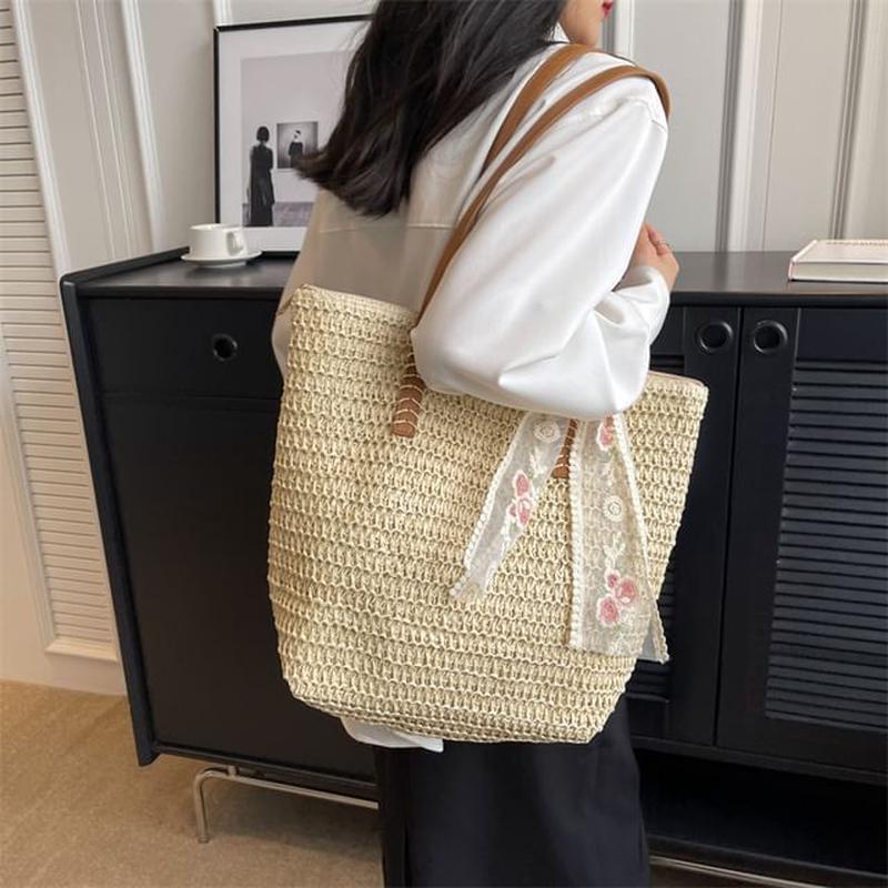 + Tote Scarf Bag Straw Set: White One Size