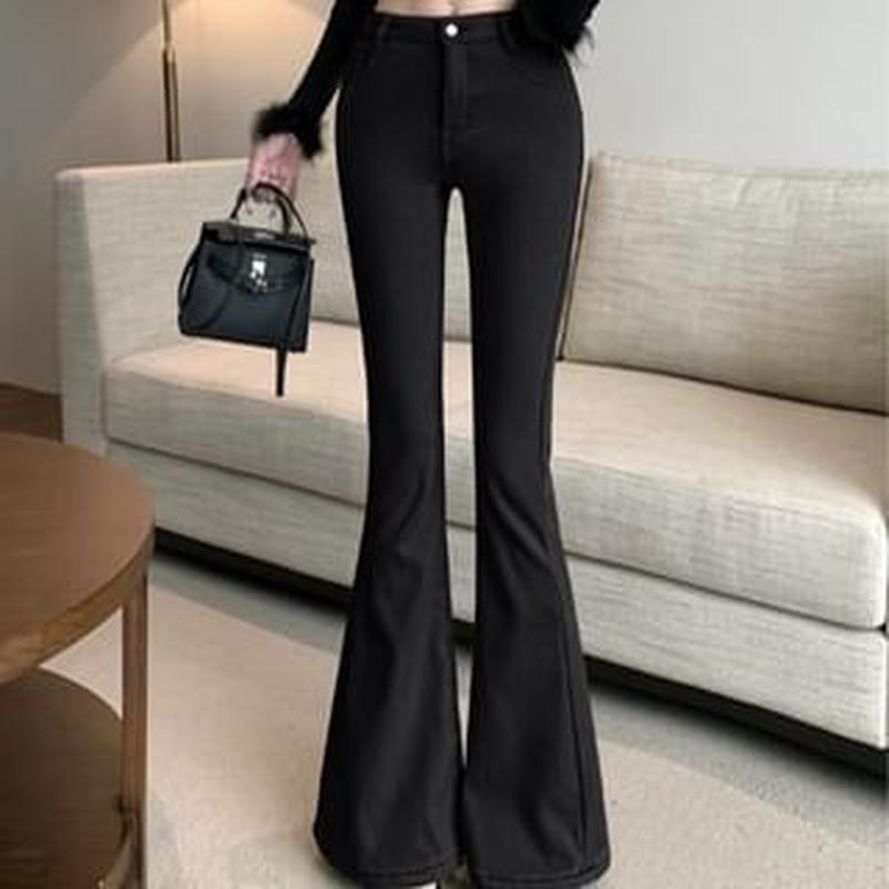 Waist Pants High Plain Flared Without Lining - Dark Brown S