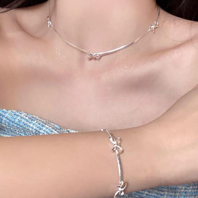 Choker Alloy Bracelet / Bow Necklace - Silver One Size