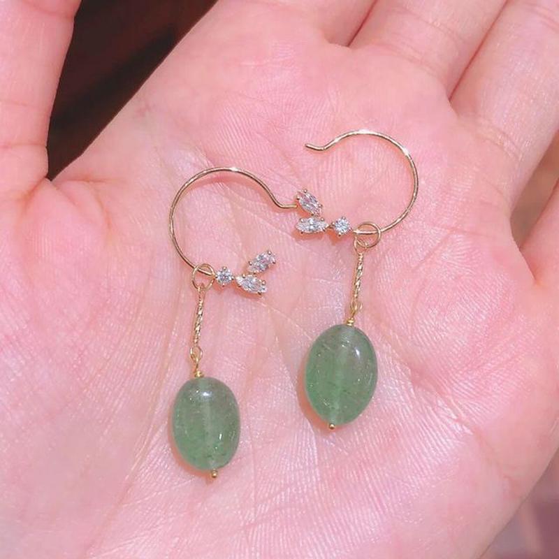 Dangle Pendant Rhinestone Gemstone Faux / Sterling Earring Leaf Silver Pendant - HE189 - 1 Pair - Green & Gold One Size