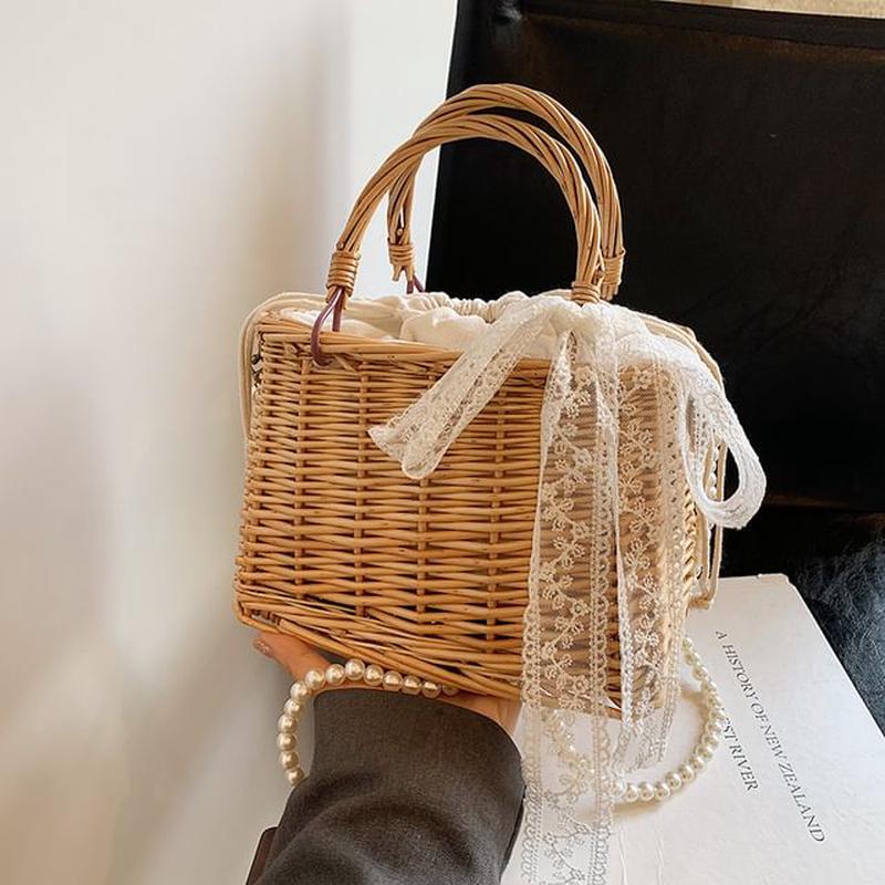 Faux + Bag Straw Crossbody Pearl Strap Scarf Set: Drawstring Type 2 - Dark Khaki One Size