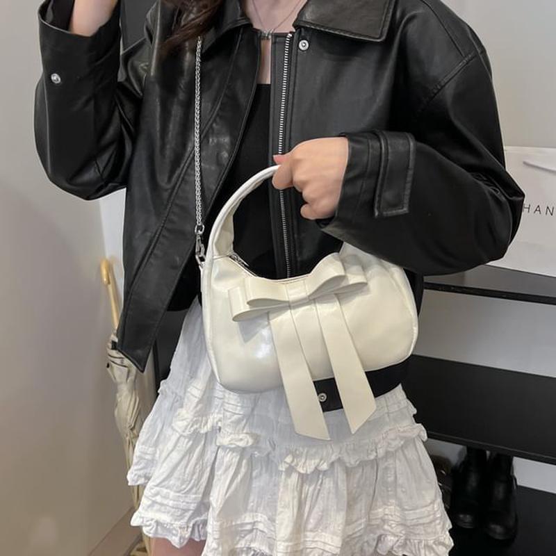 Plain Strap Bow Crossbody Faux Leather Accent Bag Chain Silver One Size