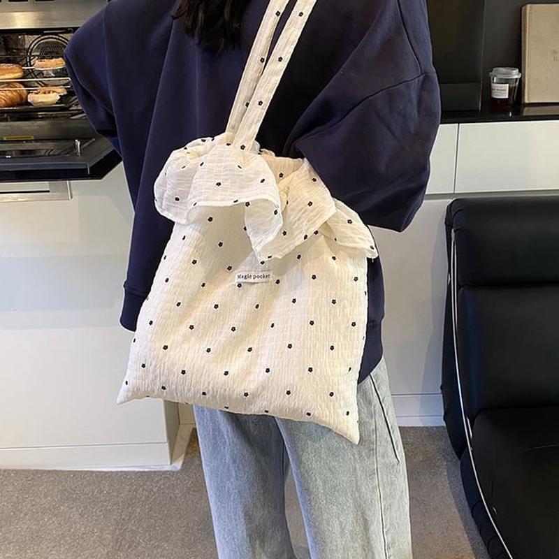 Trim Ruffle Tote Floral Embroidered Bag White One Size