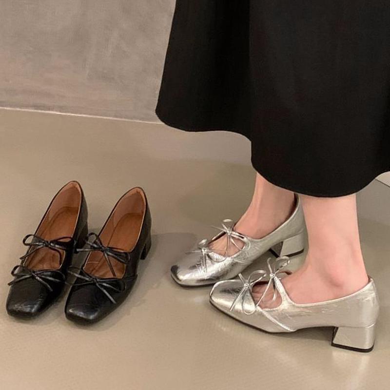 Toe Pumps Mary Jane Square Bow Heel Block Black 40