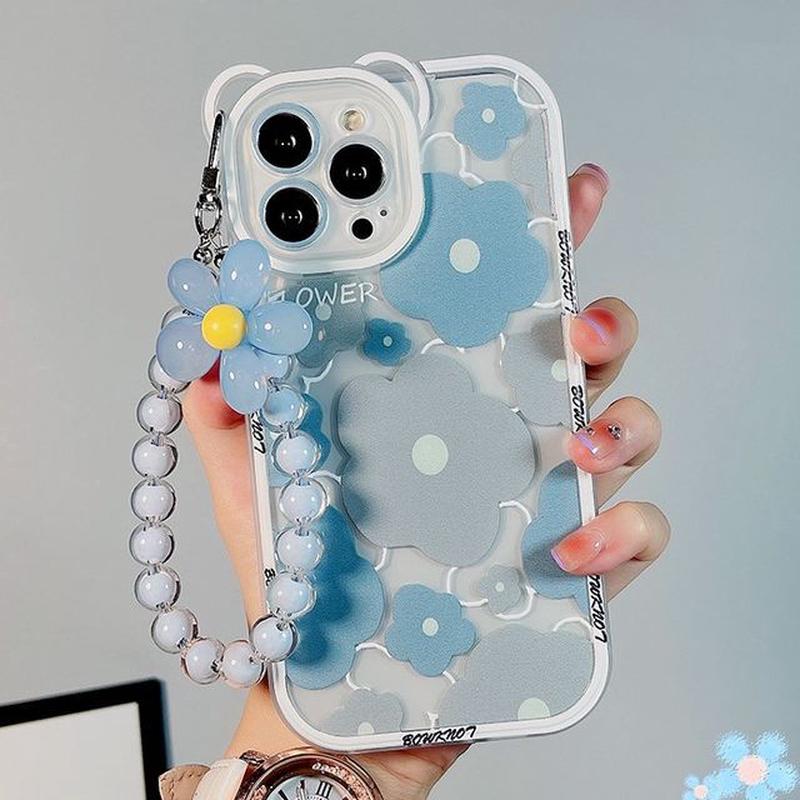 Bead Transparent Phone Case Chain Flower Blue Frangipani + Bracelet iPhone 11