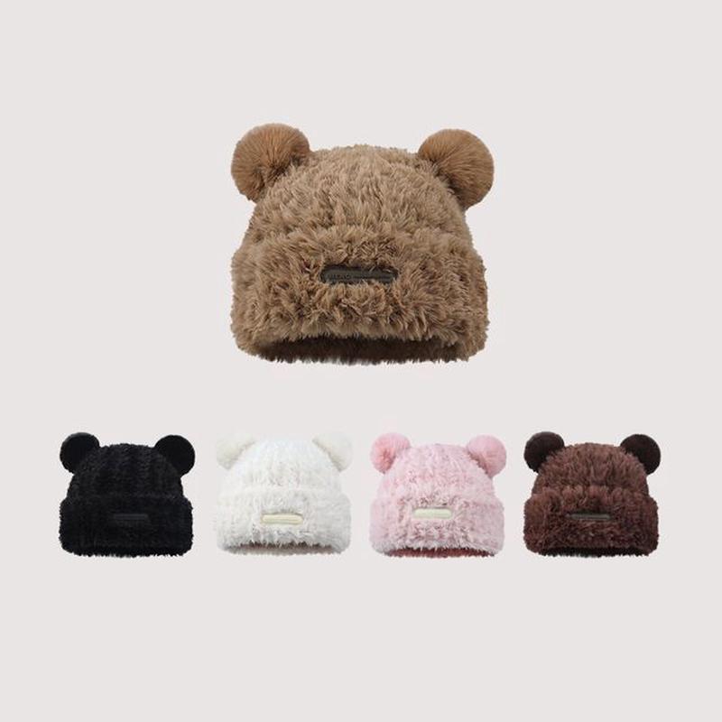 Beanie Fluffy Ear Detail A-387 - Black One Size