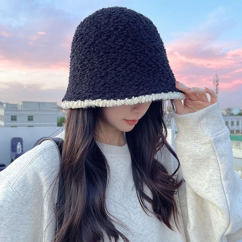 Bucket Trim Faux Contrast Shearling Hat E-409 - White Trim - Khaki One Size