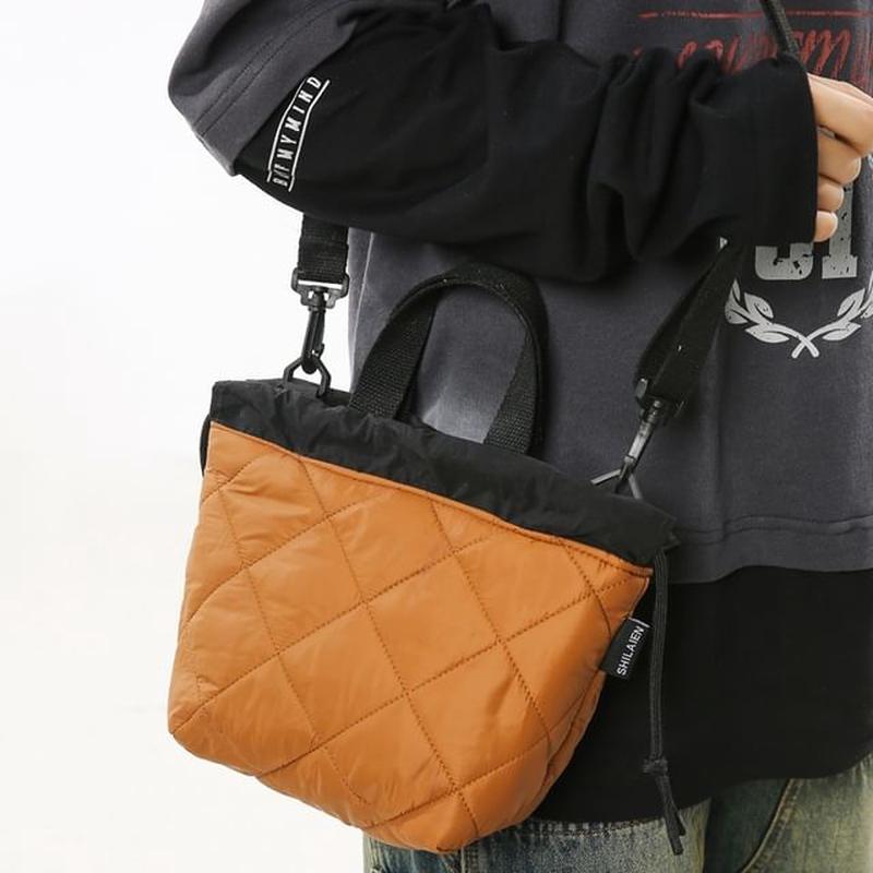 Quilted Drawstring Two-Tone Bag Crossbody Black One Size