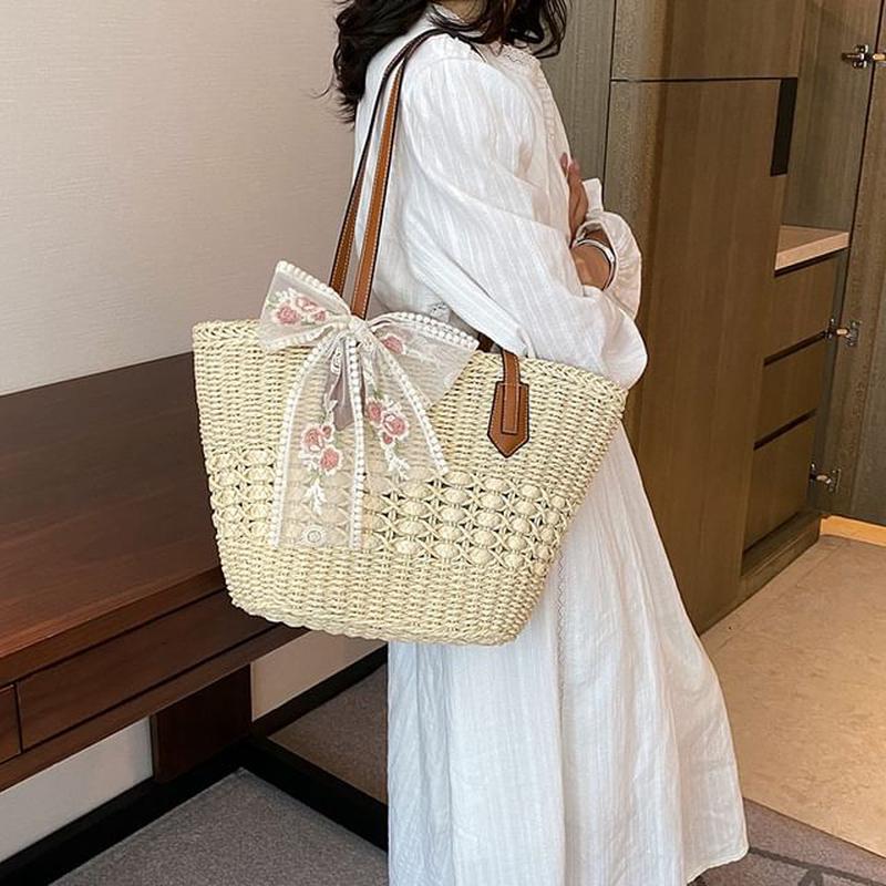 Floral Bow Lace Woven Embroidered Tote Bag Khaki One Size