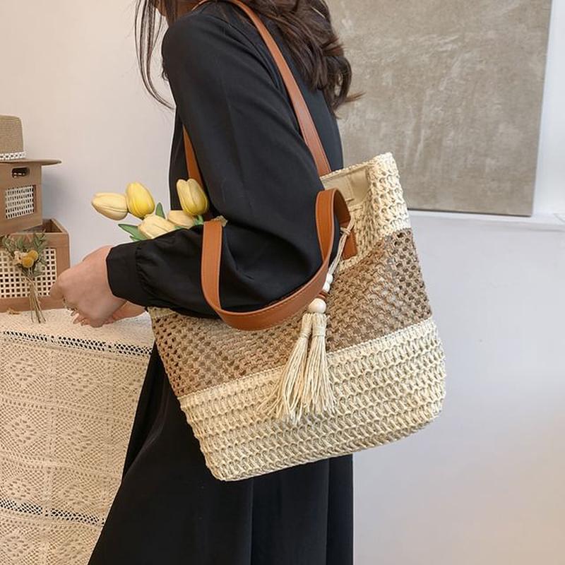 Tassel Bag Woven Tote Two-Tone Off-White One Size