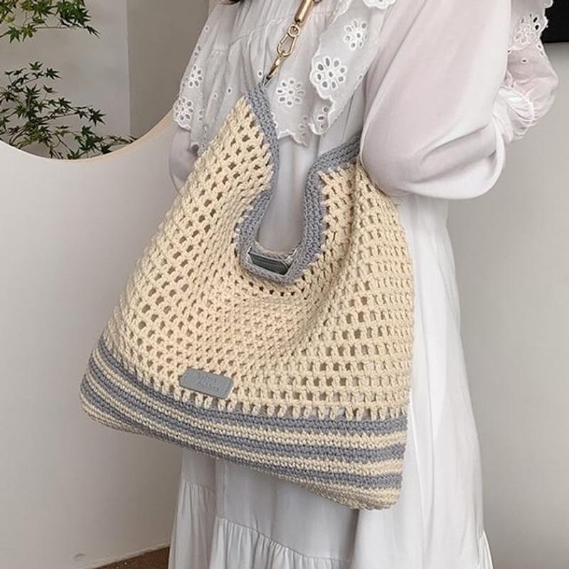 Woven Tote Striped Bag Gray One Size