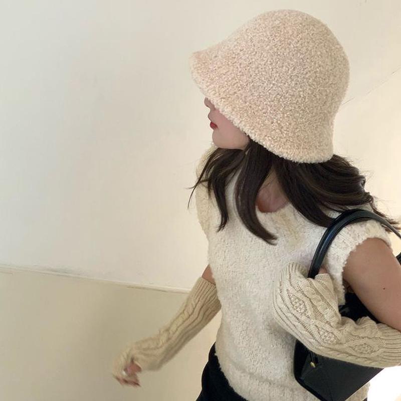 Chenille Hat Bucket Plain Plain-Beige One Size