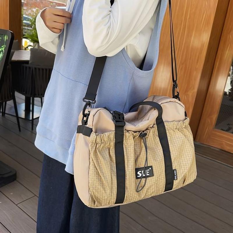 Bag Crossbody Buckled Panel Plaid Drawstring Khaki One Size