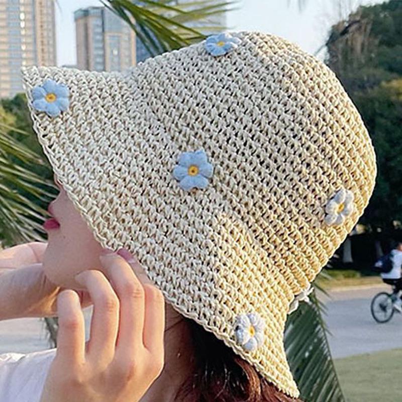 Hat Woven Floral Sun Khaki One Size