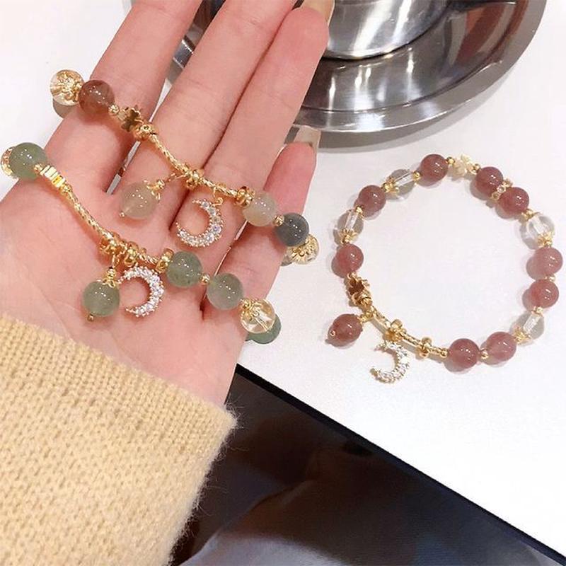 Charm Crystal Bracelet Faux Moon Rhinestone 03 - Pink & Green One Size