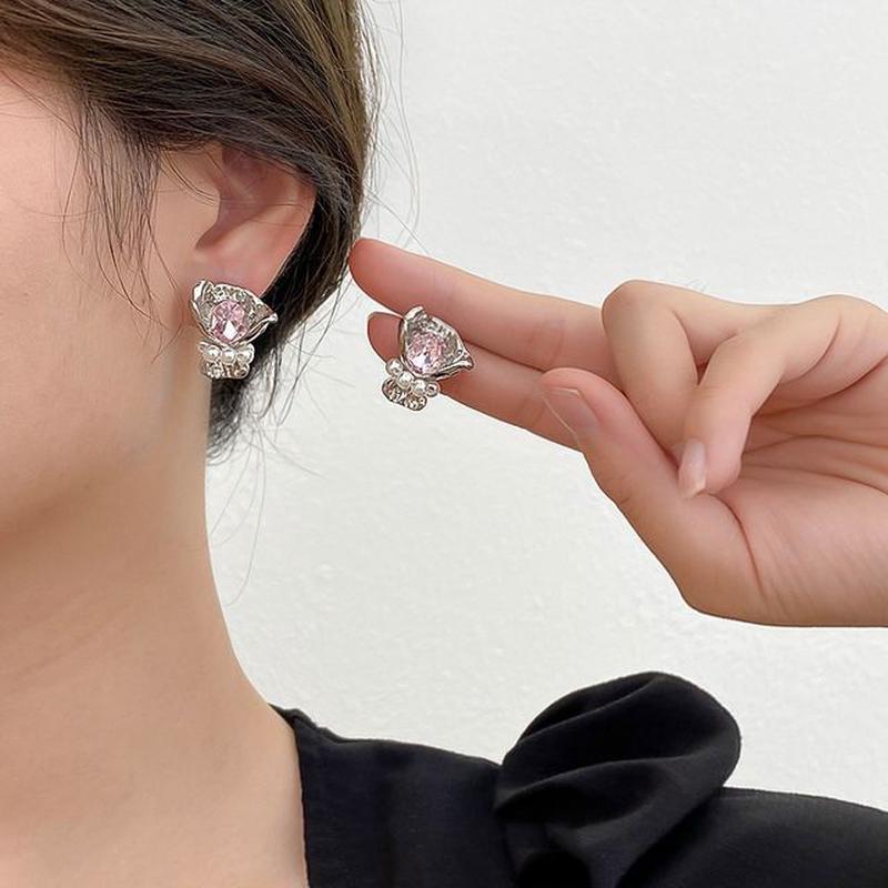 Flower Earring Rhinestone Alloy 1 Pair - Pink & Silver One Size