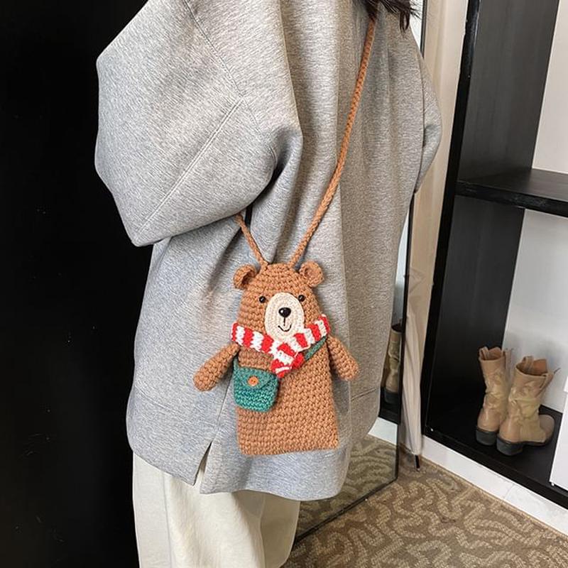 Knit Bear Crossbody Mobile Phone Bag Brown One Size