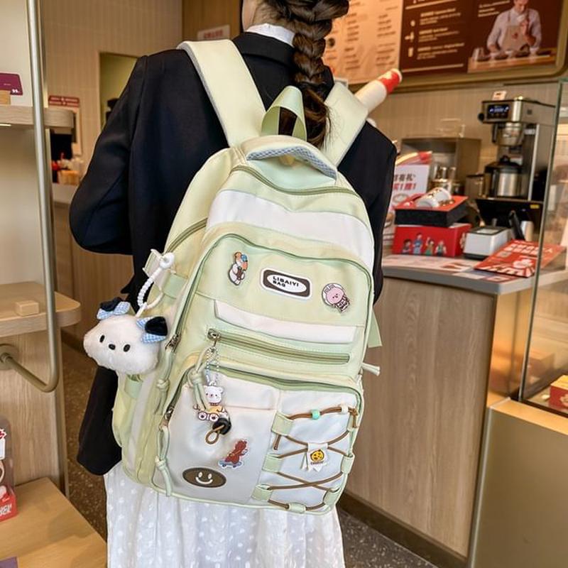 / Bag Badge Tone Set Applique Charm Nylon Two Laptop Backpack Set of 2 - Backpack & Badge - Khaki One Size