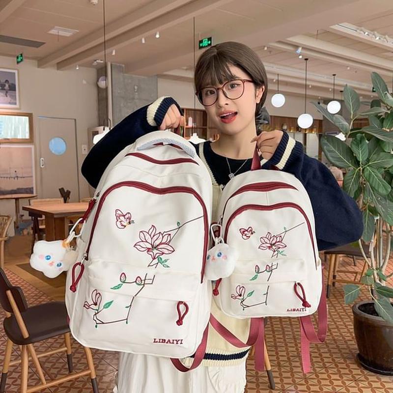 Set Bag Charm Laptop Embroidered Backpack / Nylon Floral Set of 2 - Backpack & Charm - White S