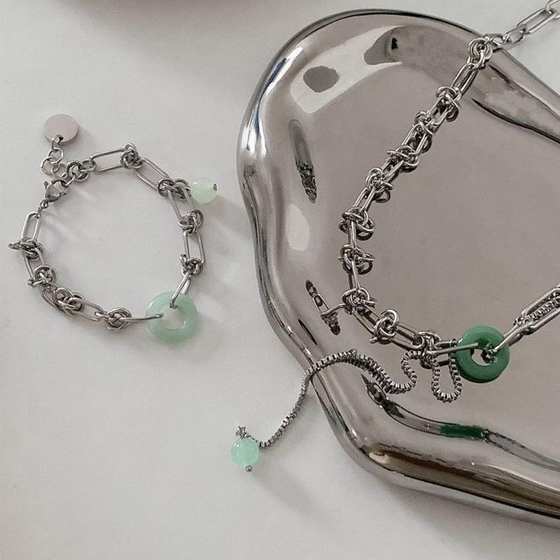 Bracelet / Necklace Chain Necklace - Emerald Green Bead - Silver One Size