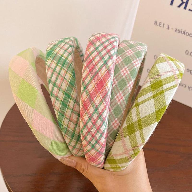 Fabric Argyle Headband 1pc - Plaid - Pink & Green One Size
