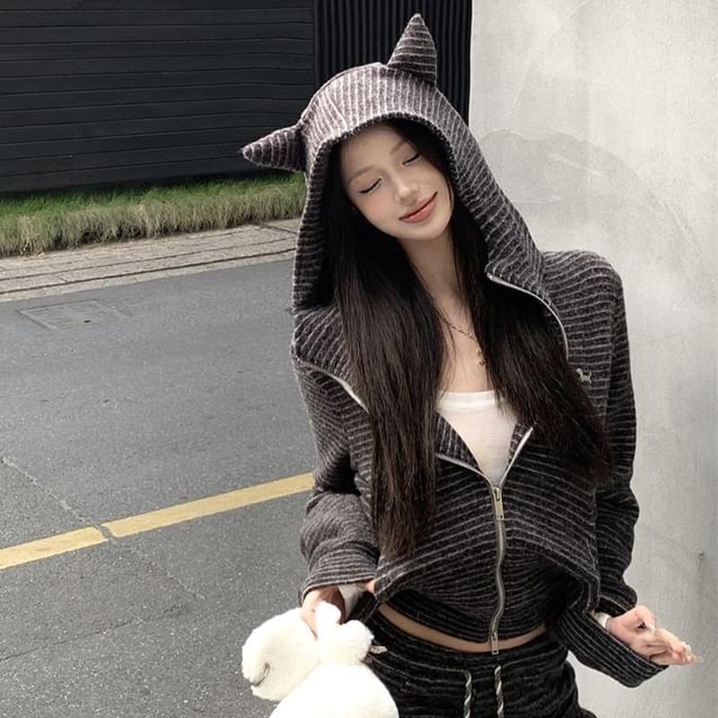 / Accent Drawstring Waist Devil Hoodie Crop Striped Zip Sweatpants Horn Bootcut Hoodie - Ash Gray S