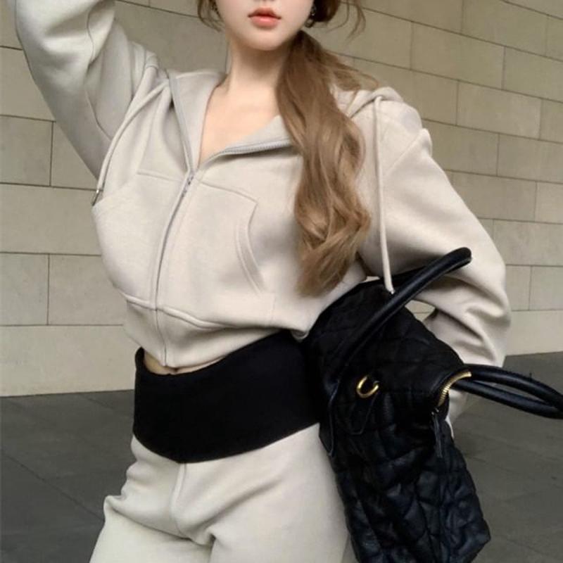 Hoodie / Zip Sweatpants Plain Drawstring Two High Tone Rise Bootcut Crop Hoodie - Light Gray M