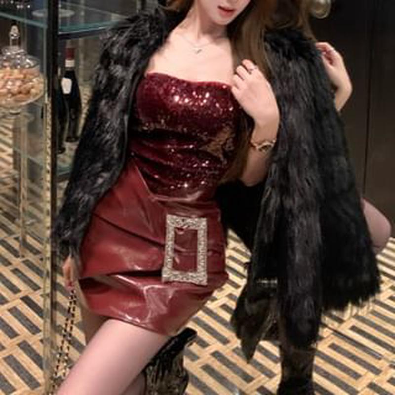 Jacket Bodycon Dress Sequin Panel Leather Tube Fluffy Mini Faux / Plain Jacket - Black L