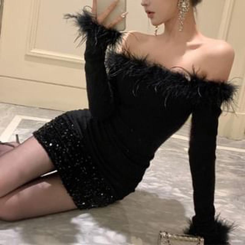 Mini Dress Off-Shoulder Sheath Long-Sleeve Fluffy Plain Sequin Trim Red S