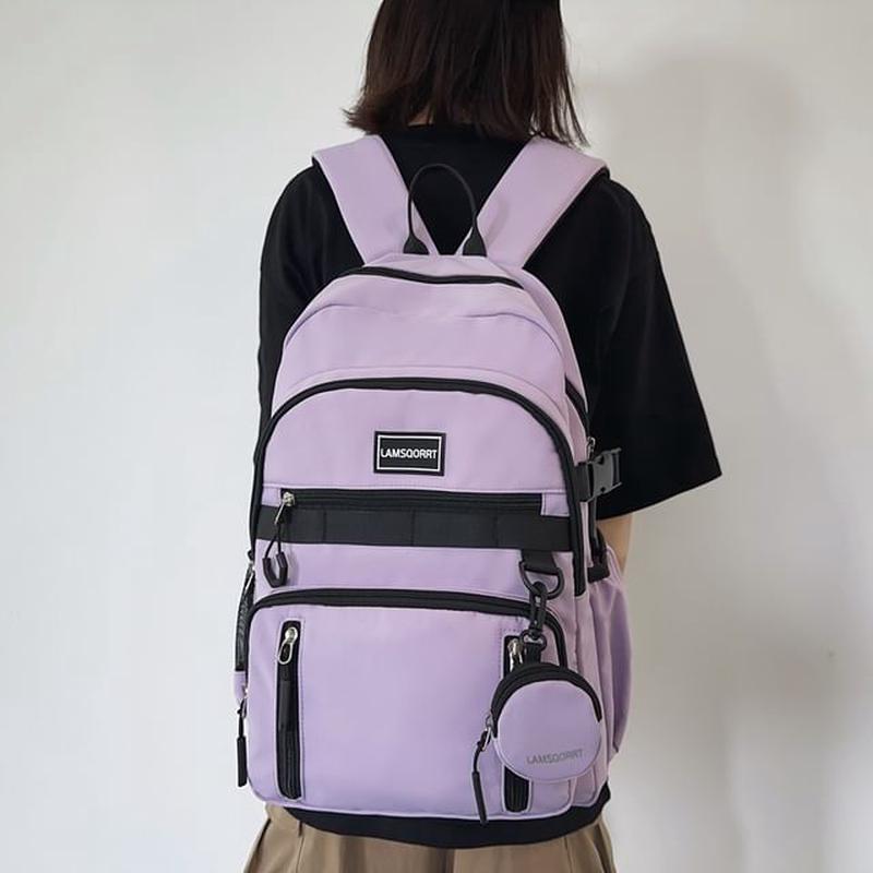 Set: Lettering Backpack Applique Coin + Nylon Purse Set - Purple One Size