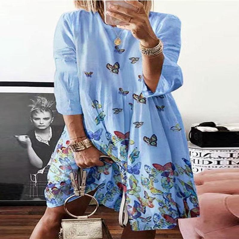 Summer Butterfly Neck Blue O Dress Mid Cotton Bohemian Print Yellow S(Fit for EU 38-40, US 6-8, UK/AU 10-12, IT 42-44)