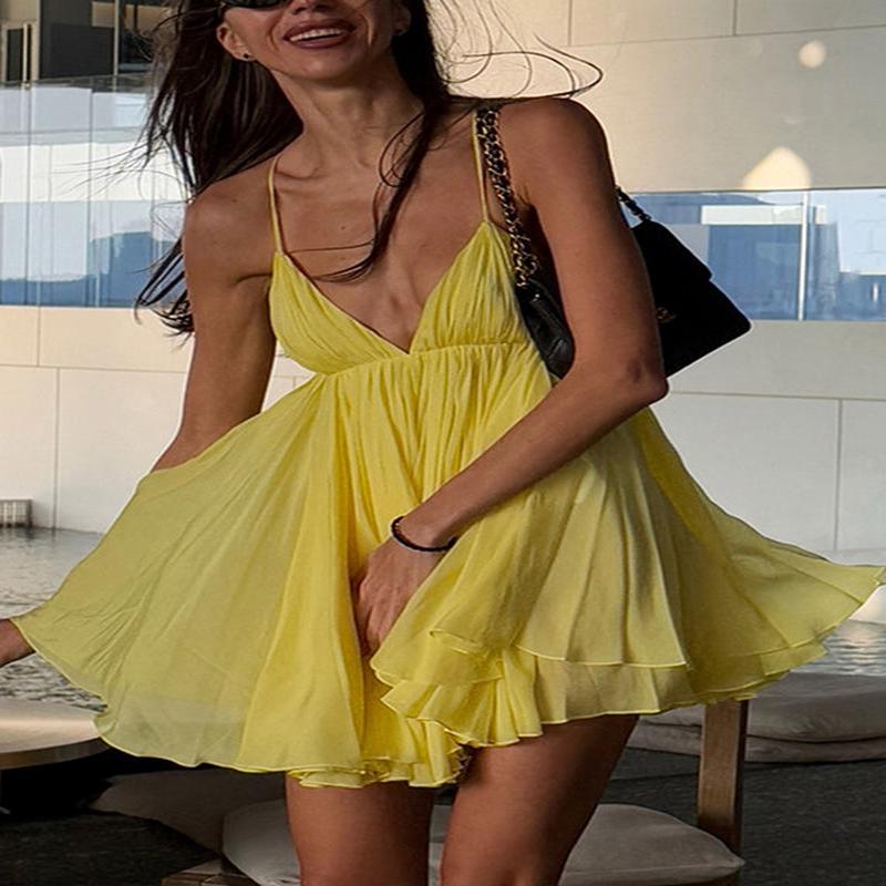 Yellow Backless Mid Patchwork Neck Italian Strap V Spaghetti S(Fit for EU 38-40, US 6-8, UK/AU 10-12, IT 42-44)
