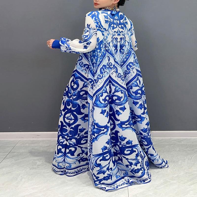 And 2025 White Blue Chiffon Porcelain Summer New Pleated Print 2XL(Fit for EU 46-48, US 14-16, UK/AU 18-20, IT 50-52)