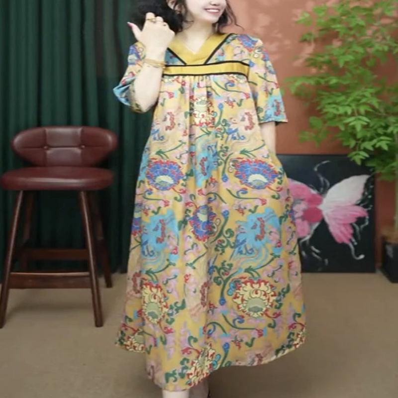 Yellow Print Neck V Loose Long Cotton Summer Dresses Yellow L(Fit for EU 42-44, US 10-12, UK/AU 14-16, IT 46-48 )