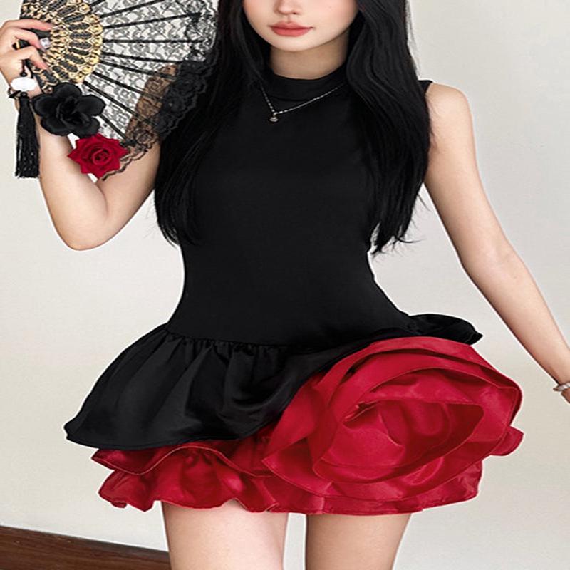 Black Sleeveless Rose French Floral Dresses Mid L(Fit for EU 42-44, US 10-12, UK/AU 14-16, IT 46-48 )