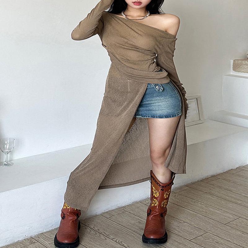 Brown Sexy One Side Open Dresses Maxi Shoulder Asymmetrical Silk L(Fit for EU 42-44, US 10-12, UK/AU 14-16, IT 46-48 )