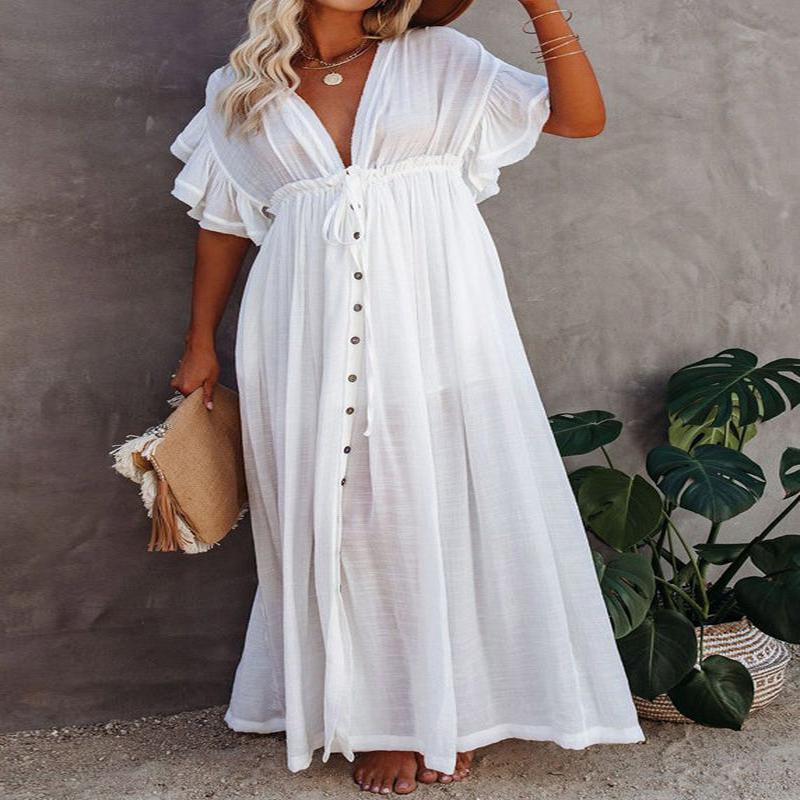 White Button Dress French Short Neck Sleeve V Maxi Black 3XL(Fit for EU 48-50, US 16-18, UK/AU 20-22, IT 52-54)